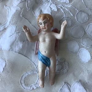 Tiny Antique Winged Angel French Bisque Porcelain Ornament Hand Painted