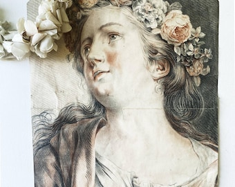 Antique French Pastel Drawing – 18th Century Young Woman with Flower Crown – Large Original Portrait