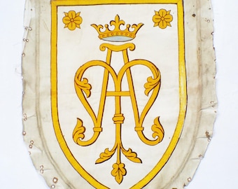 Antikes französisches religiöses Banner, besticktes Marienbanner mit Krone, MA-Monogramm, katholische Textilwanddekoration