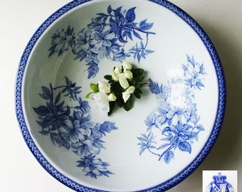 Grand bol français antique bleu blanc Ironstone fleurs d'azalée des années 1800 estampées