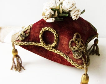 Fairy Tale French Ring Cushion Antique French Wedding Muted Bordeaux and Gold Red Velvet Ring Bearer