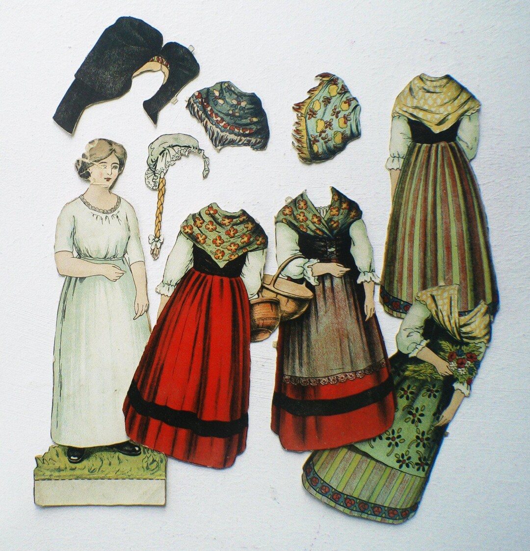 アンティークの切り絵紙人形、フランス伝統衣装、アルザス地方