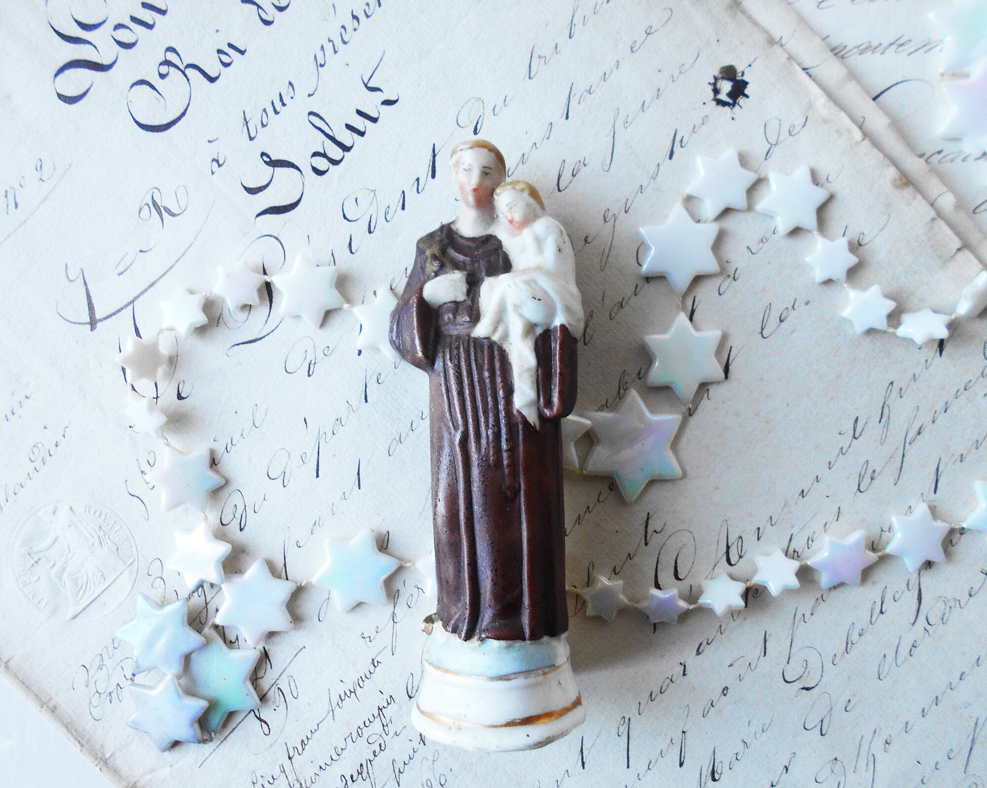 Saint Anthony Pocket Saint Antique Français Shrine Miniature Statuette Biscuit Porcelaine