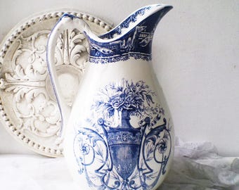 Antique Water Jug Blue & White Ironstone Victorian Boston Pattern Pitcher
