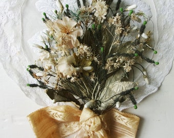 Early 1800s Bridal Bouquet Antique French Wax Flowers and Linen Leaves Silk Ribbon