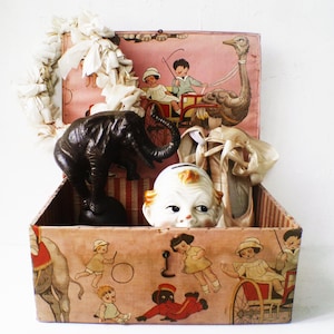 Large French Circus Fabric Box Boudoir Box Antique Pink Sewing Cartonnage BoxChildren Elephant Clown