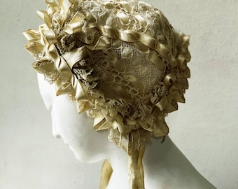 1800s Antique Doll Bonnet French Christening Ruffled Lace Embroidered Silk Ribbon Flower