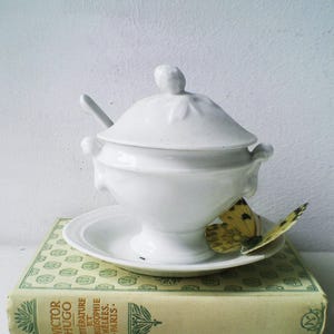 Antique Mustard Pot French Ironstone Small White Sauce Boat Lidded Mini Tureen with Spoon