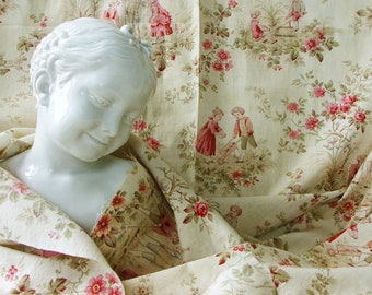 RARE Large Antique Toile de Jouy Fabric 1800s Red Pink and Ivory Fine Cotton Children Playing