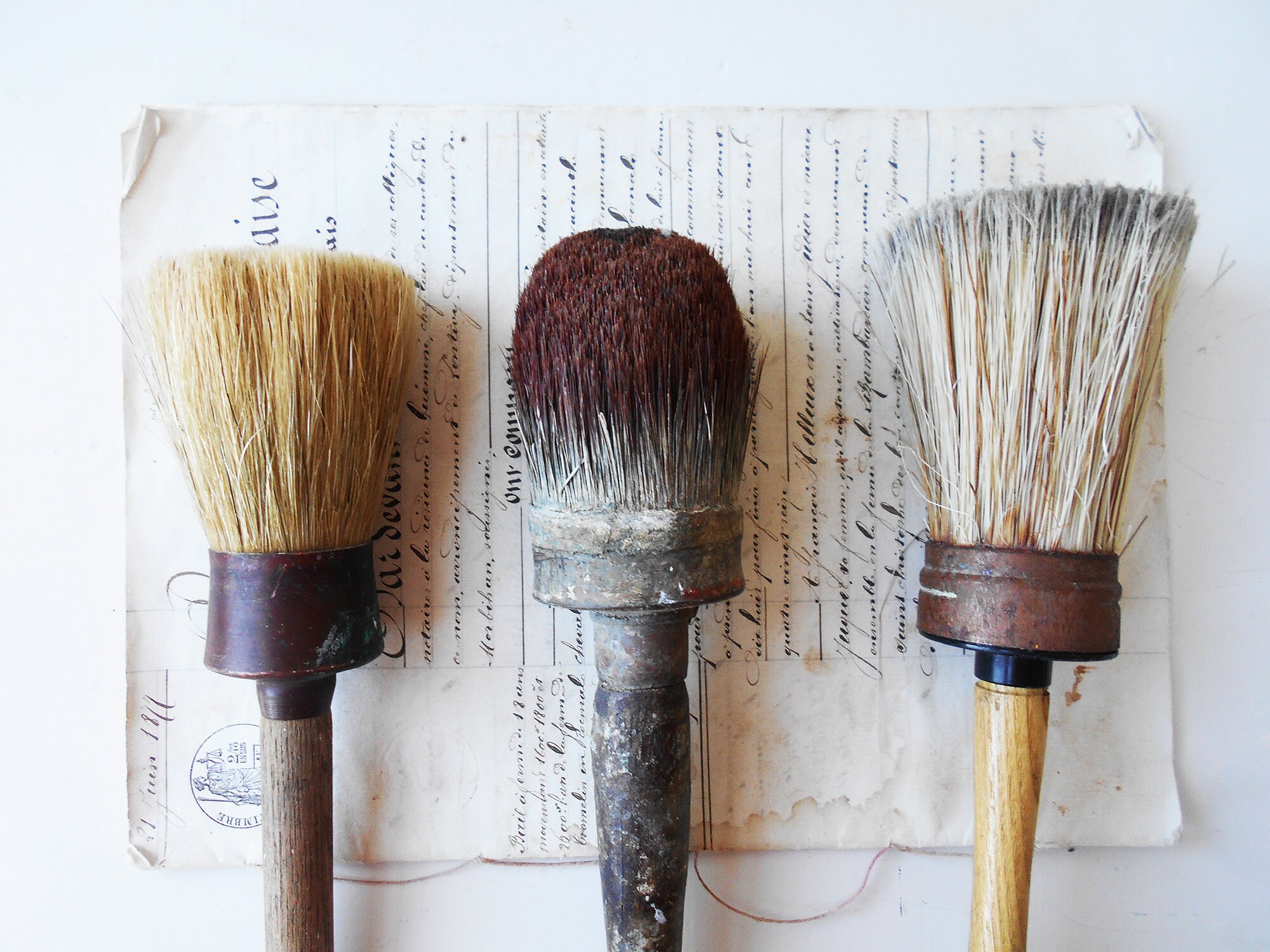 3 Antique French LARGE Paint Brushes Wooden Metal Real Etsy