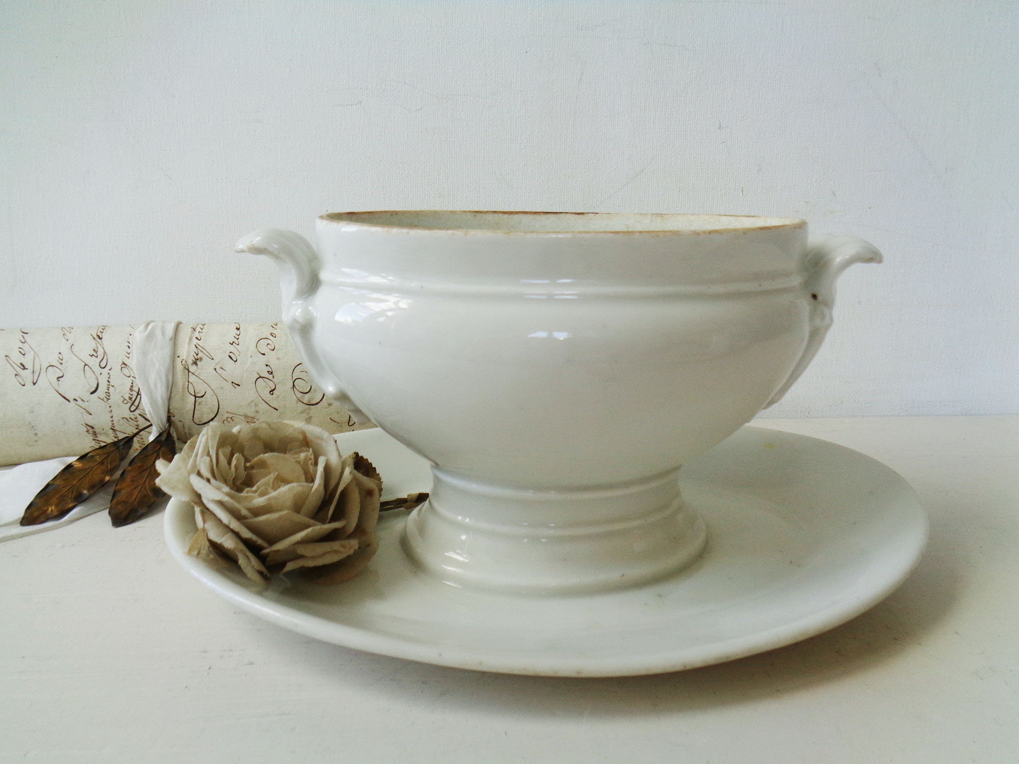 Antique French Gravy Boat White Handles Acanthus Leaf Decor Etsy