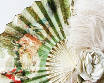 Boudoir Advertising Fan Antique "scène galante" Celluloid MARTELL & Co Shabby Chic Display