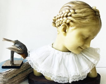 Antique French Wax Bust Sculpture: Young Girl, Signed A.R. Peyranne, Wooden Base