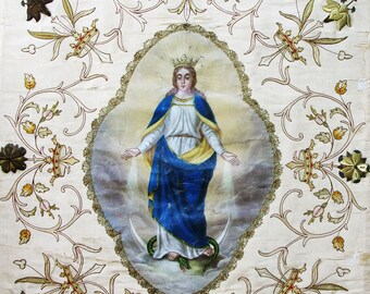 1800s Large Antique French Church Banner Holy Mary Procession Banner  Religious Embroidery Silk and Gold Brocade