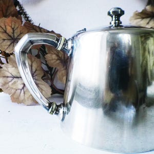 May include: A polished silver teapot with a lid and a curved handle. The teapot has a traditional design and is likely made of metal. The handle is attached with small, decorative accents. The background features dried leaves.