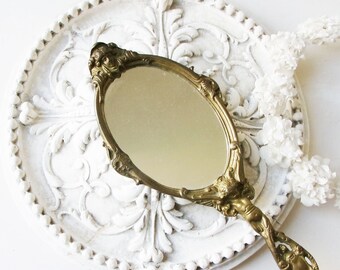 Bronze Winged Angel Hand Mirror Antique French Boudoir