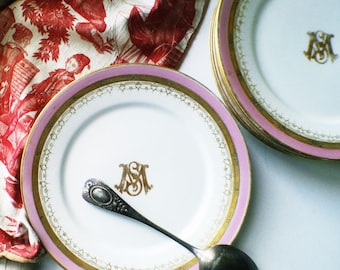 6 Antique Plates French White Ironstone Dinner Plates – Pink & Gold Monogrammed Service