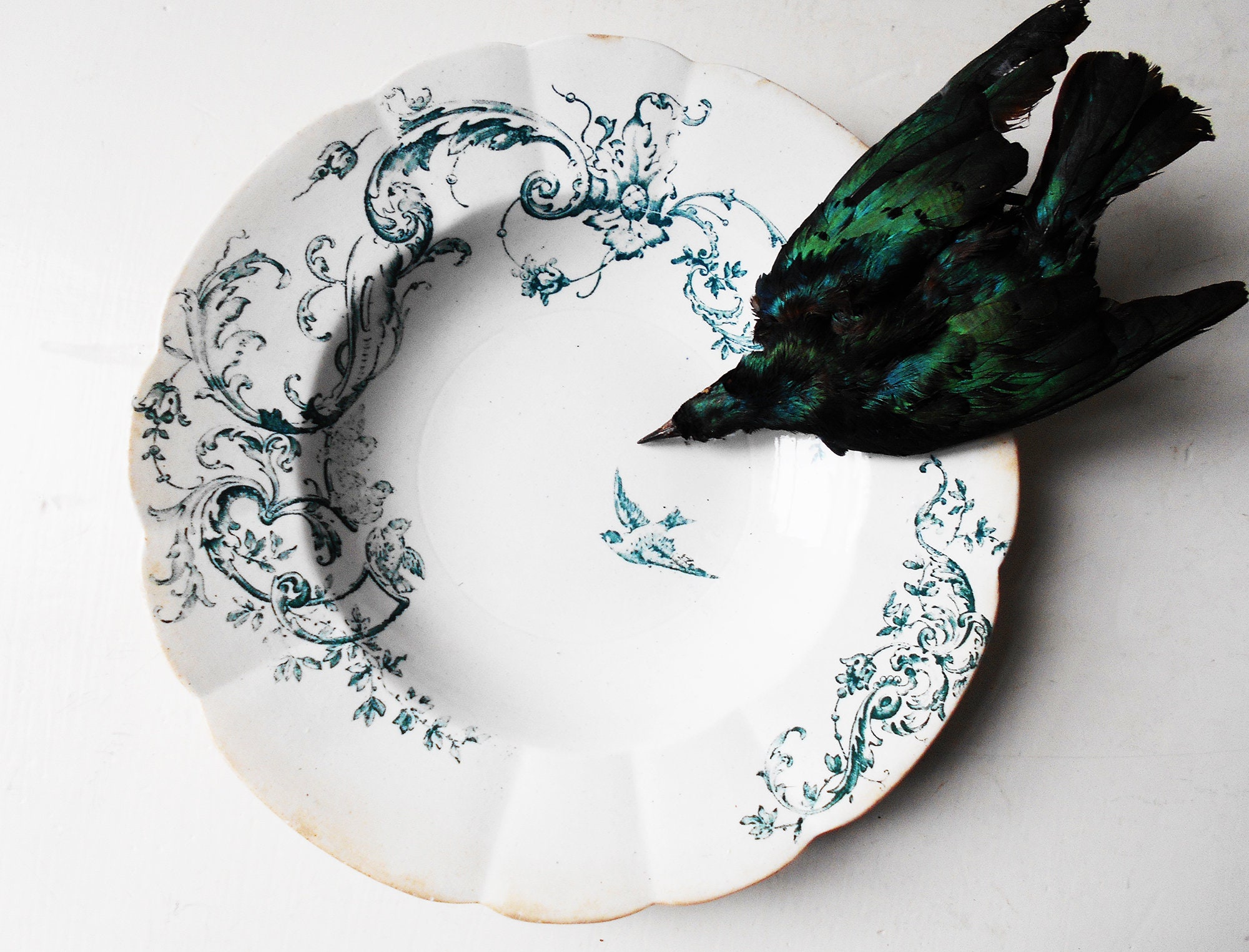 Antique Français Blanc et Vert Ironstone Rond Plat de Service Oiseaux Assiette Profonde Estampillée