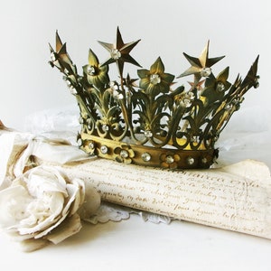 Antique French Jeweled Saints Crown: Gilded Brass Holy Mary Santos Crown