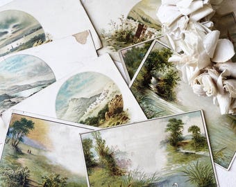 8 Antique French Chromolithograph Postcards – Romantic Landscapes Swans Windmill – c.1900 Rouen