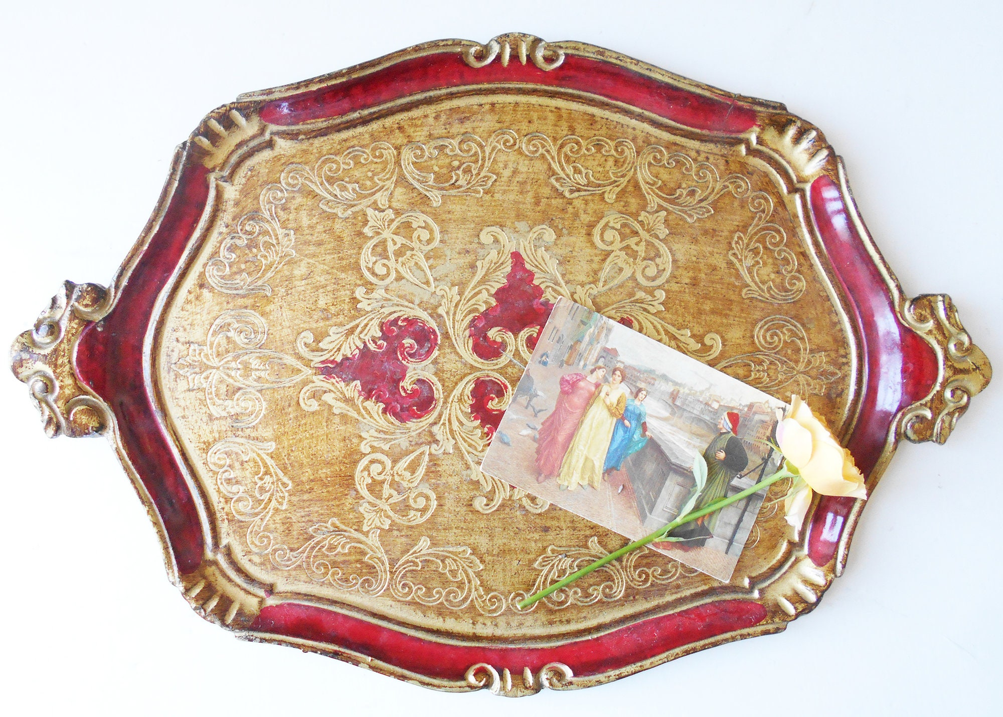 Plateau Vénitien Vintage Rouge et Or Plateau Florentin en Bois
