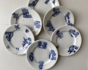 Antique French Nursery Plates Set | Blue Transferware Anthropomorphic Animals, Ironstone Doll Tea Set