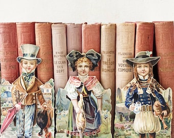 3 Antique French Au Bon Marché Mechanical Paper Figures  Folding 3D Chromolithographs Regional Costumes 1880