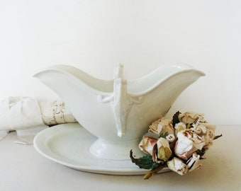 Antique French Gravy Boat White Ironstone Side Handles Acanthus Leaf Decor Sauce Boat