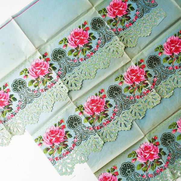 3 Pieces Shelf Lining Antique French Lining Paper Blue Roses and Paper Lace Victorian Kitchen Wardrobe Shelfs