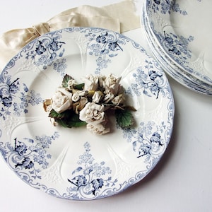 6 antike französische Teller aus Eisenstein, weiß, blau, lila Blumen, geprägtes Dekor, gestempelt LONGWY/Frankreich