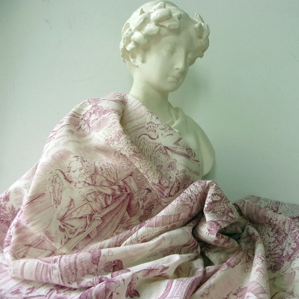 Toile de Jouy Antique 1820 Amour et amitié Temps des pères et ange Cupidon estompé rouge et blanc