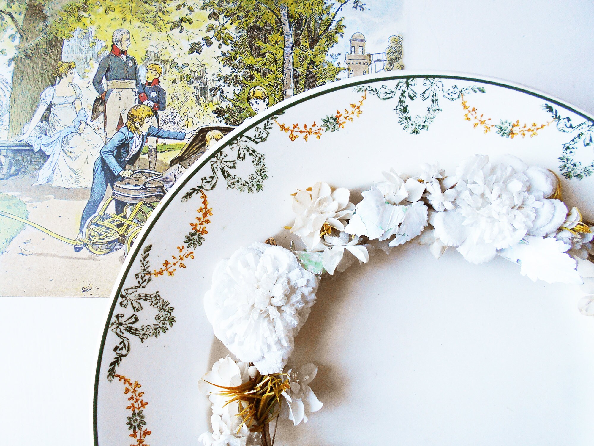 Grande Assiette Antique Français Plat de Service Guirlandes en Pierre Fer Blanche Estampillées