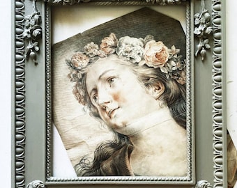 Antique French Louis XVI Frame Carved Wood Floral Garland Ribbon Bow Gray Picture Frame