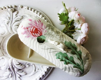 French Antique Lidded Box Soap Dish Bathroom Storage White and Pink Ironstone  Chrysanthemum Flowers Hand Painted HAMAGE/Nord France