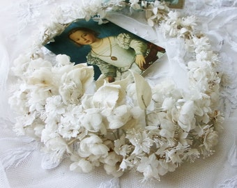 1800s Antique French Wreath Communion Crown Souvenir White Linen Roses