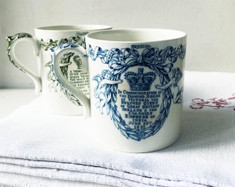 Pair of 1897 Queen Victoria Diamond Jubilee Doulton Burslem Mugs Edinburgh Corporation Blue & Green Victorian Commemorative Cups