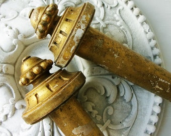 1800s Antique Chateau Finials Curtain Holders Pole Ends French Hand Carved Wooden Gilded 2 pairs available