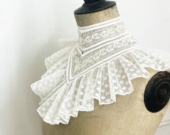 Antique French High Neck Ruffled Lace Collar Large 1800s Lace and Ruffles