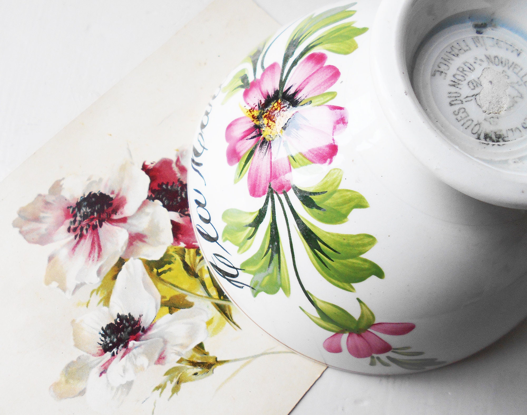Antique Français Bowl White Ironstone Flowers Cafe Au Lait Petit Déjeuner Pour La Mariée Peint à Mai