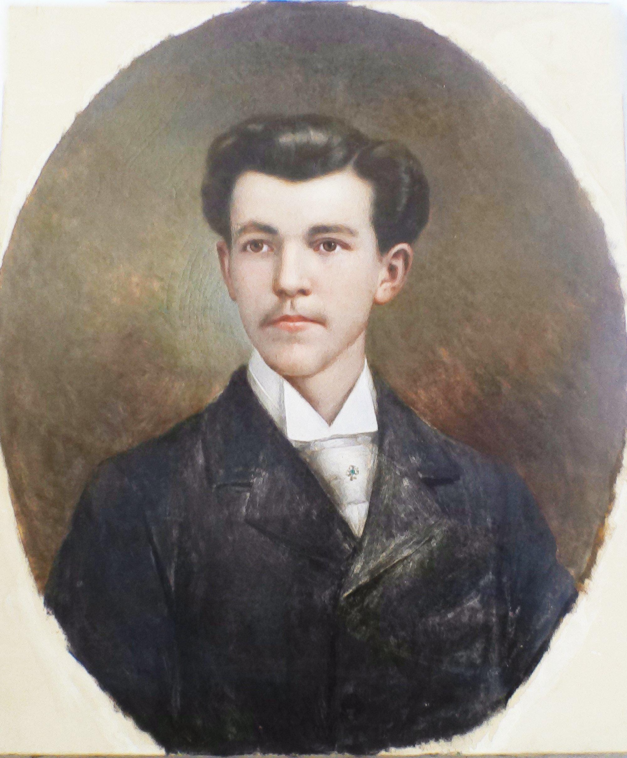 1800年代のアンティークフランス肖像画、キャンバスに描かれた若い男性