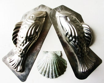Set of 2 French Fish Mold Tin Vintage Metal Cookie Chocolate Mould Baking Complete Set of 2