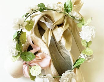 Small Antique French Flower Crown White Linen Wreath