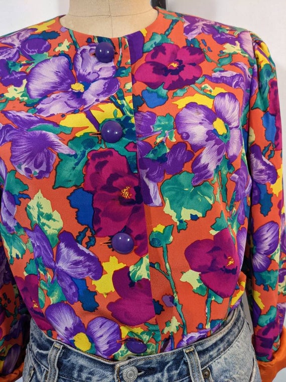 Vintage 80s Albert Nipon pure silk floral button … - image 7