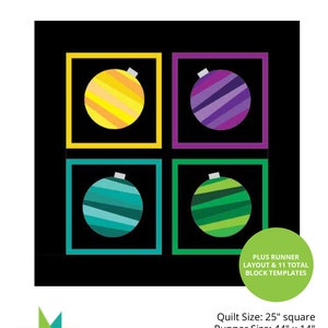 Op de afbeelding: Strippy Improv Holiday quiltpatroon van Lisa Swenson Ruble. Het patroon bevat vier kleurrijke gestreepte ornamenten op een zwarte achtergrond. De quiltmaat is 25 inch vierkant en de lopermaat is 44 inch bij 14 inch. Het patroonnummer is 2020-4.