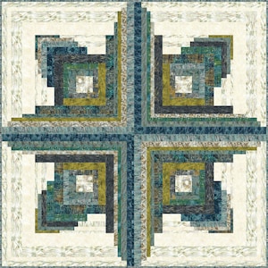 May include: A square pattern with a central cross made of multiple layers of blue, green, and gold squares. The background is a light beige.