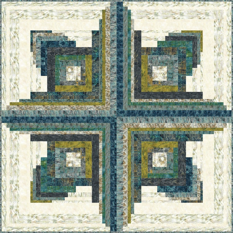 May include: A square pattern with a central cross made of multiple layers of blue, green, and gold squares. The background is a light beige.