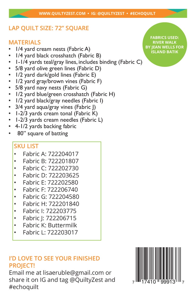 May include: A list of materials and their corresponding SKU numbers for a 72-inch square lap quilt project. The quilt uses a variety of fabrics in different colors and patterns, including cream, black, teal, gray, olive green, dark gold, brown, navy, blue, and aqua. The fabrics are listed with their corresponding SKU numbers, such as Fabric A: 722204017. The quilt also includes backing fabric and batting.