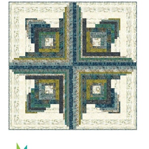 May include: A quilt pattern called "Echo" by Lisa Swenson Ruble. The quilt is a 72-inch square and features a log cabin design with shades of blue, green, and brown. The pattern is available from Quilty Zest.