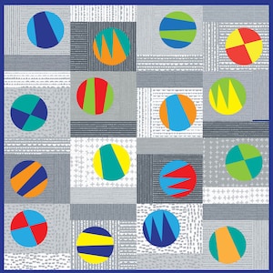 Może przedstawiać: Kolorowy wzór geometryczny z kołami w różnych kolorach i wzorach na białym tle. Koła są ułożone w siatkę i otoczone niebieską ramką.