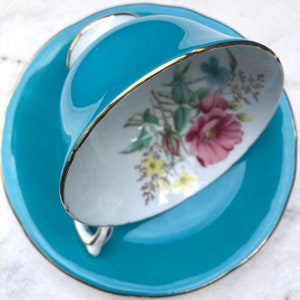 Aynsley Turquoise Floral Bouquet Tea Cup and Saucer